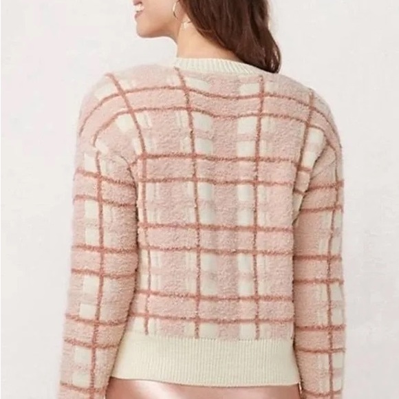 LC LAUREN CONRAD Pink & Cream Plaid Fuzzy Cardigan X-Large NWT - Picture 2 of 9